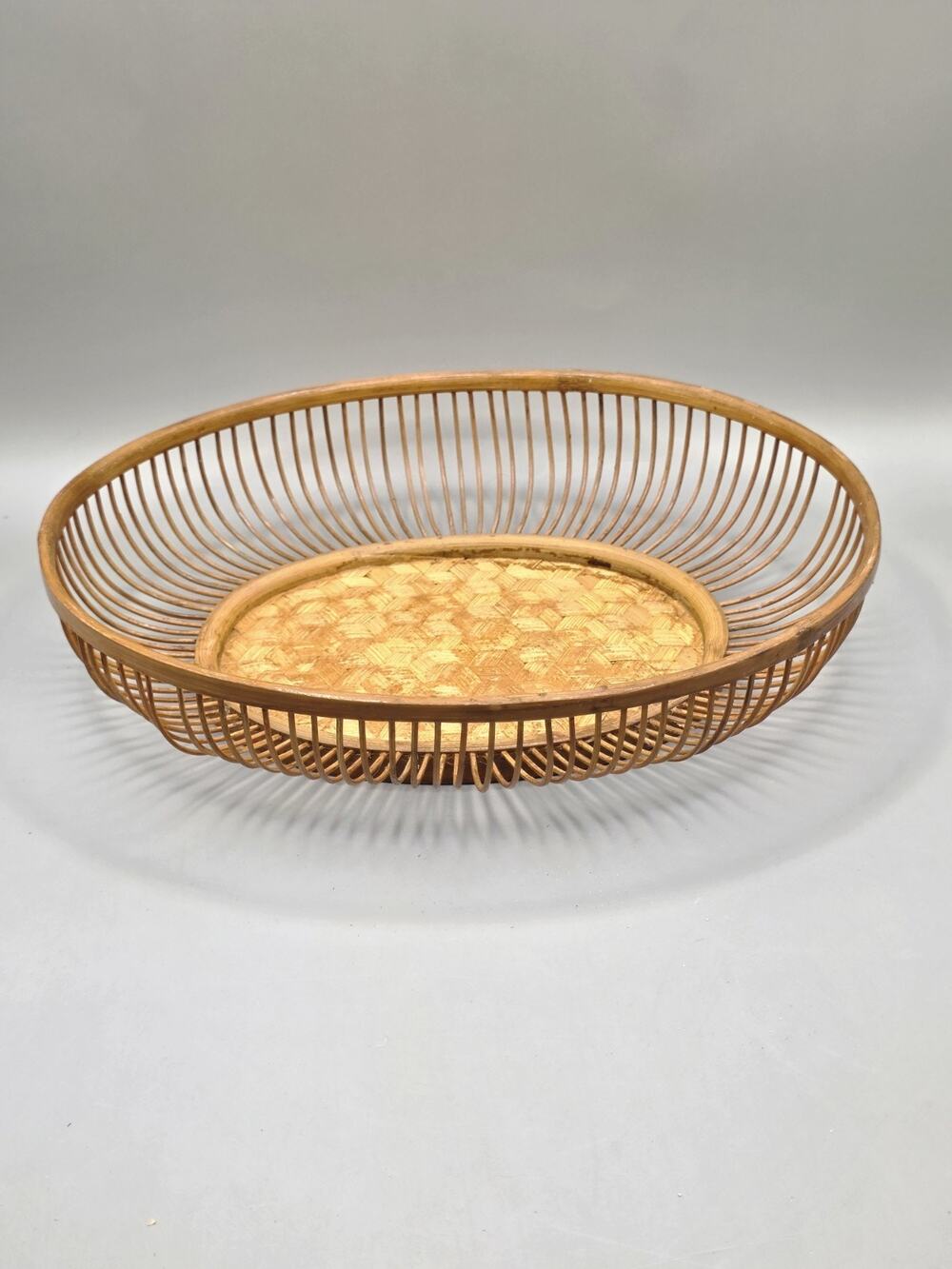 Vintage Mid Century Bamboo Rib Basket Oval Woven Boho Fruit Bowl Tray...